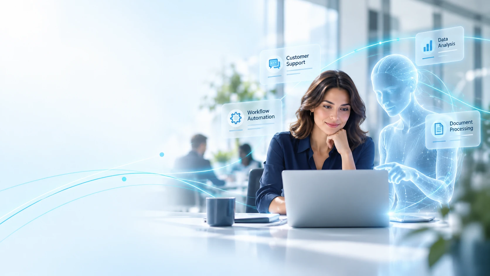 Employee collaborating with a digital AI colleague in a modern workplace